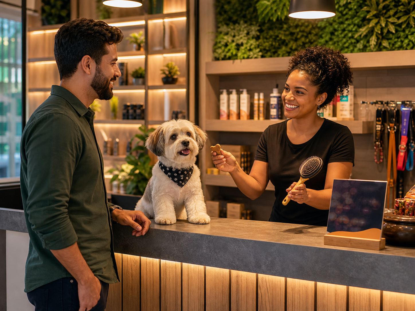 Tutor no balcão do pet shop recebendo um petisco oferecido pelo funcionário