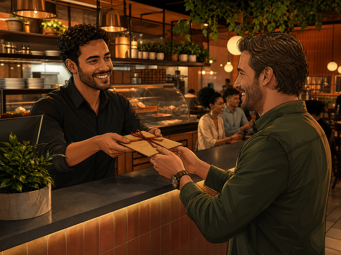 Balconista de restaurante entregando um vale-refeição embrulhado com laço