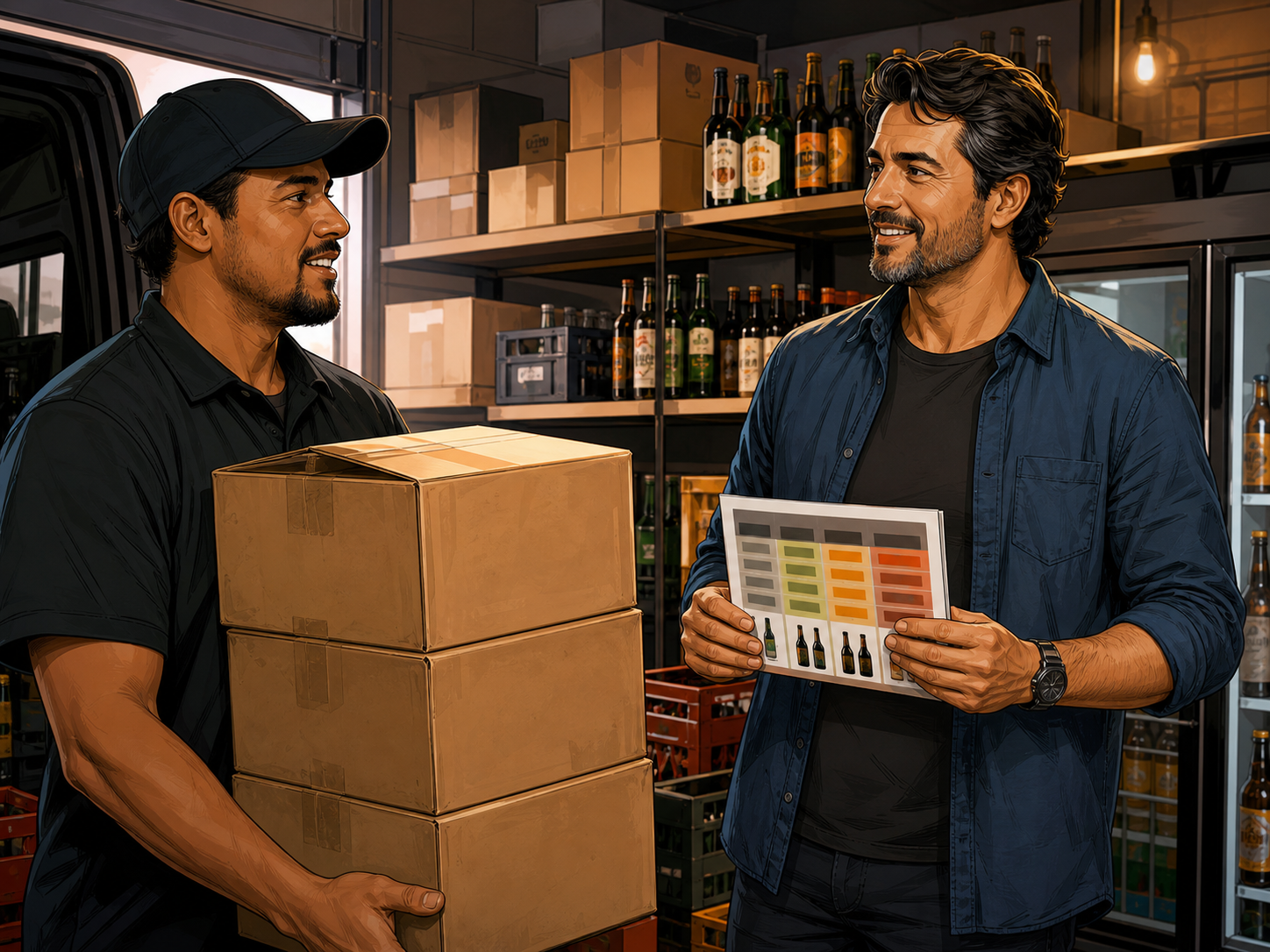 Distribuidor entregando caixas fechadas de bebida com etiqueta de desconto para o dono do bar