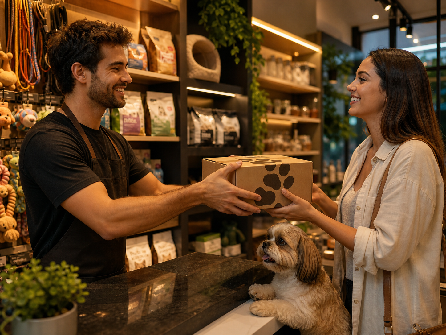 Funcionário de pet shop entregando uma caixa surpresa mensal com estampa de pata de cachorro