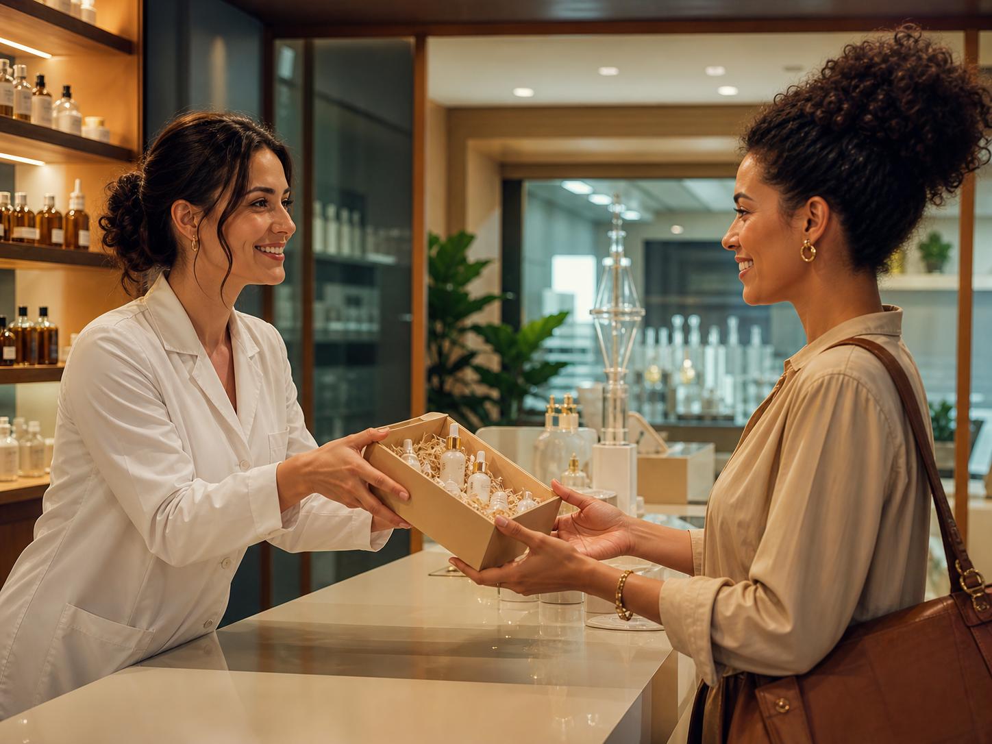 Farmacêutica entregando um kit surpresa de skincare com frascos de amostra