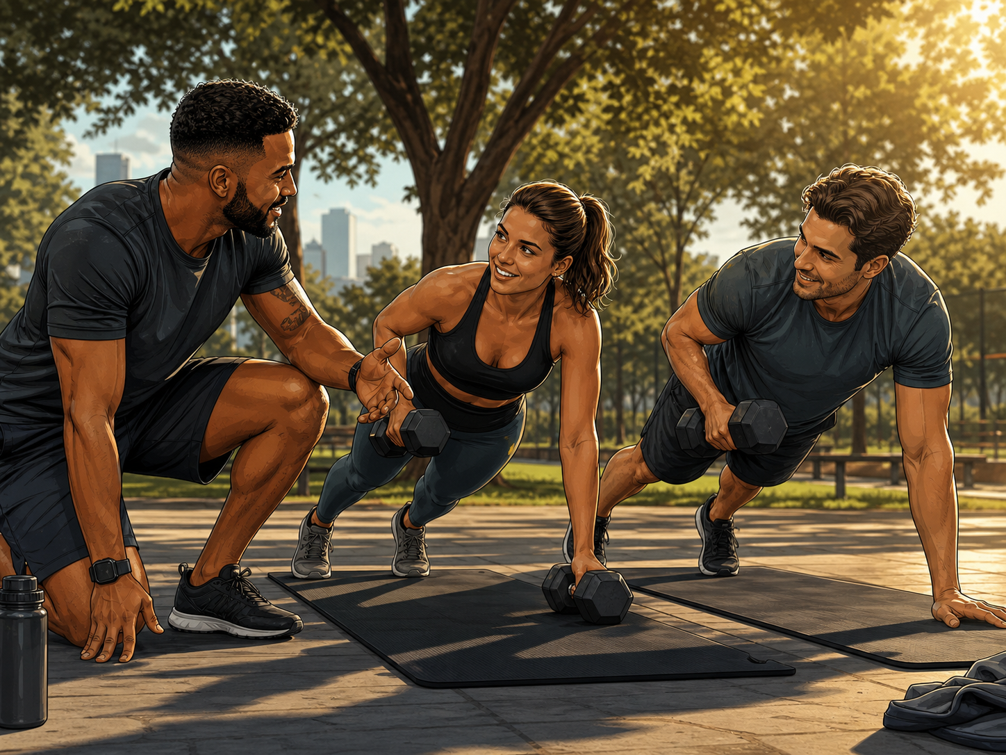 Personal trainer treinando dois alunos, um deles indicado pelo outro