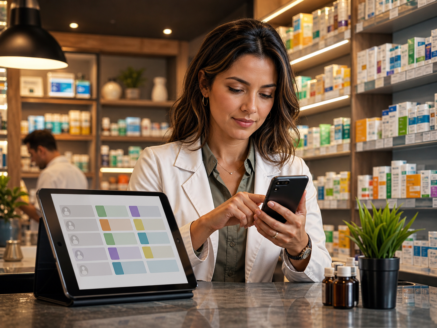 Farmacêutica olhando uma lista de clientes e enviando mensagem para reativar cliente inativo