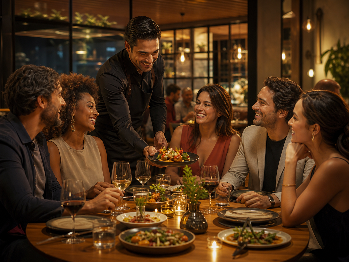 Garçom trazendo uma entrada de cortesia para uma mesa grande de amigos