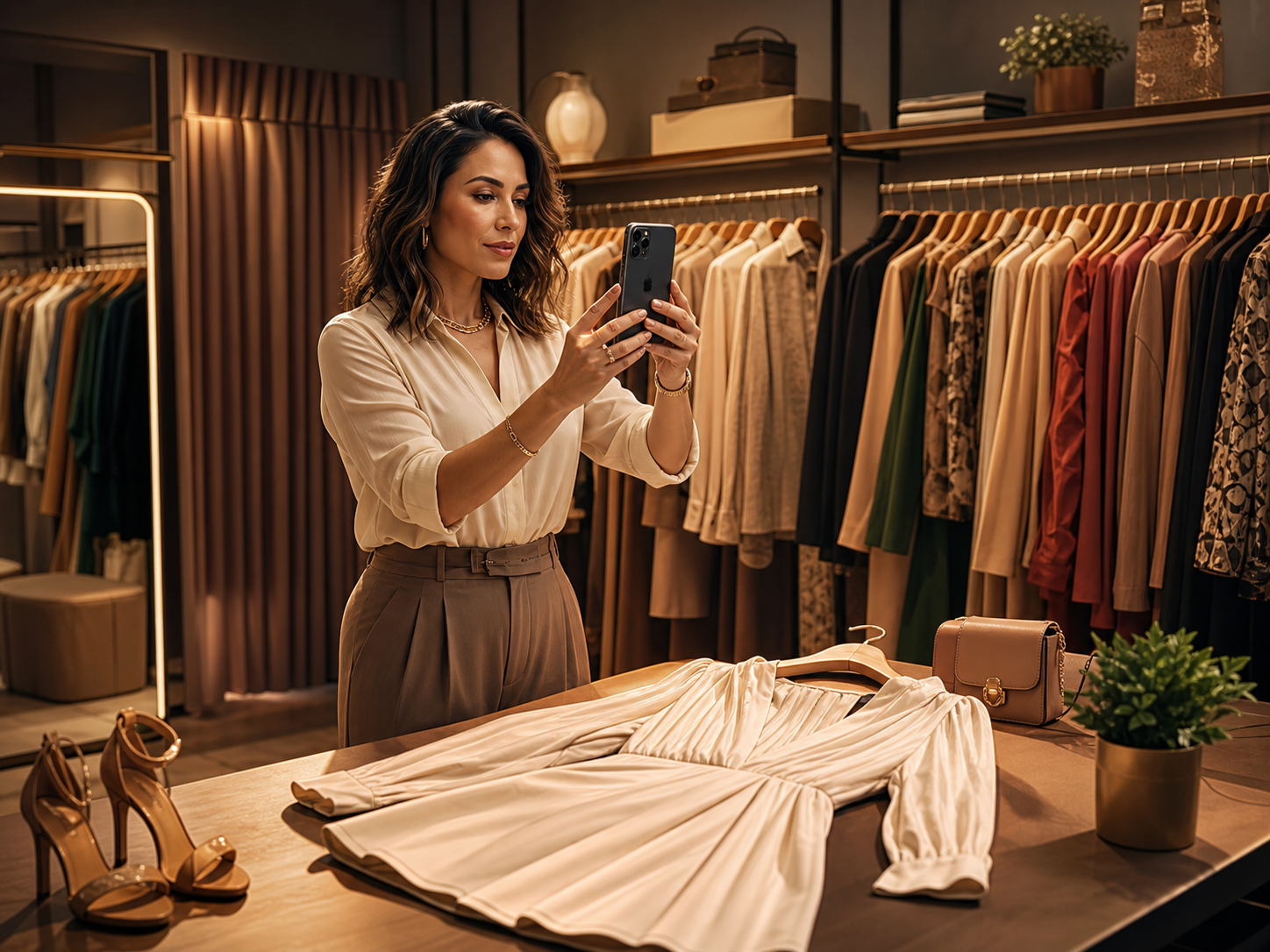 Dona de loja de roupa fotografando uma peça para postar no Instagram Shopping
