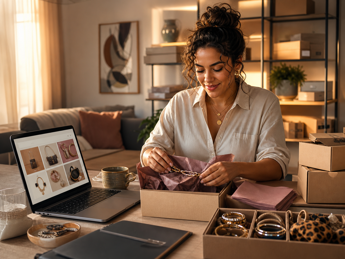 Mulher embalando pedidos de acessórios ao lado de um notebook com anúncio em marketplace