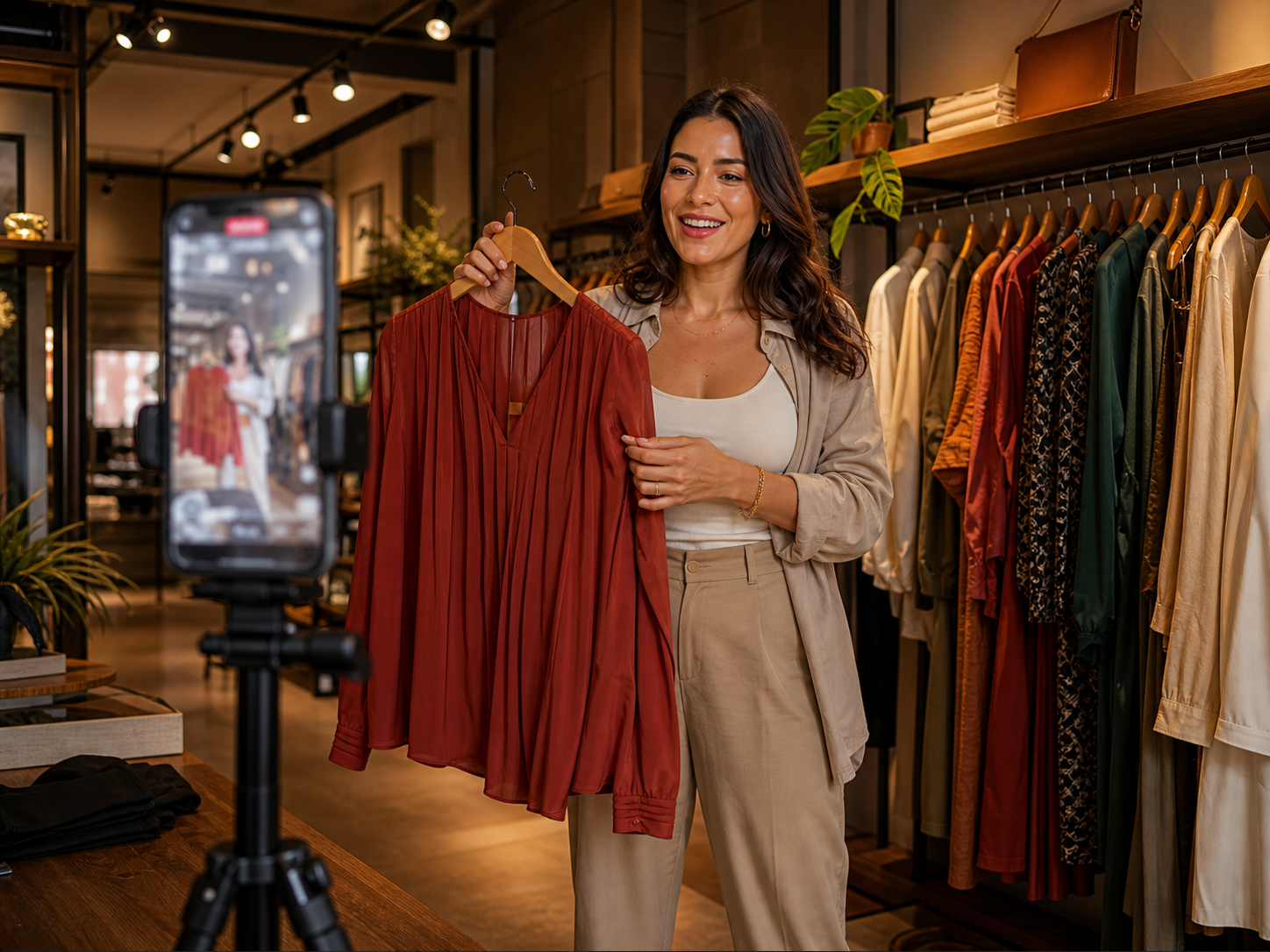 Dona de loja de roupa transmitindo uma live com celular em tripé