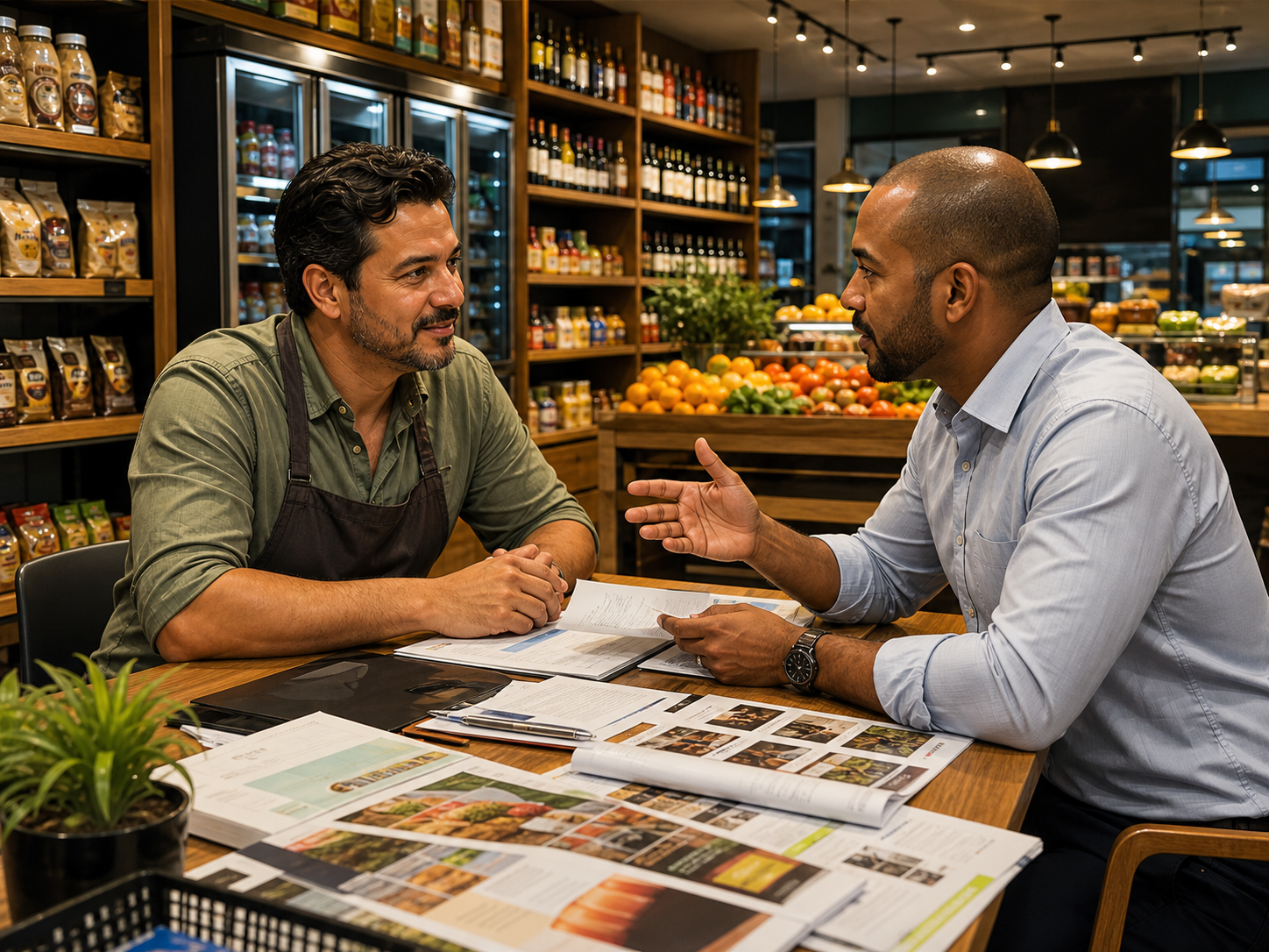 Dono de mercadinho conversando com representante de fornecedor sobre prazos de pagamento