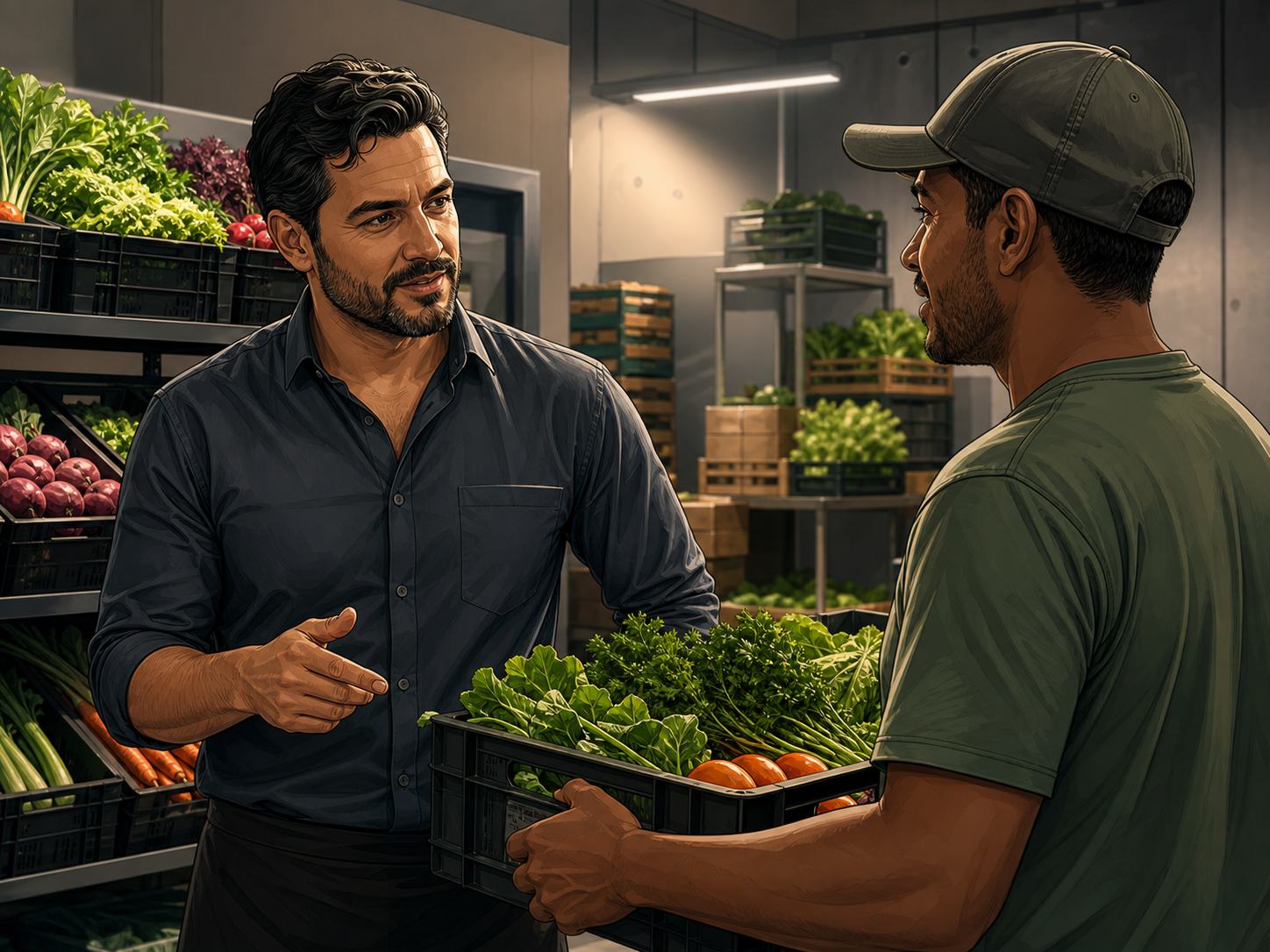 Dono de restaurante negociando com fornecedor de hortifrúti na área de recebimento