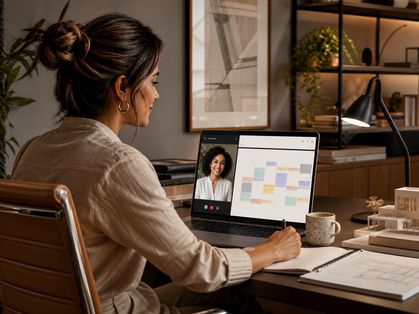 Arquiteta autônoma em videochamada com uma assistente virtual