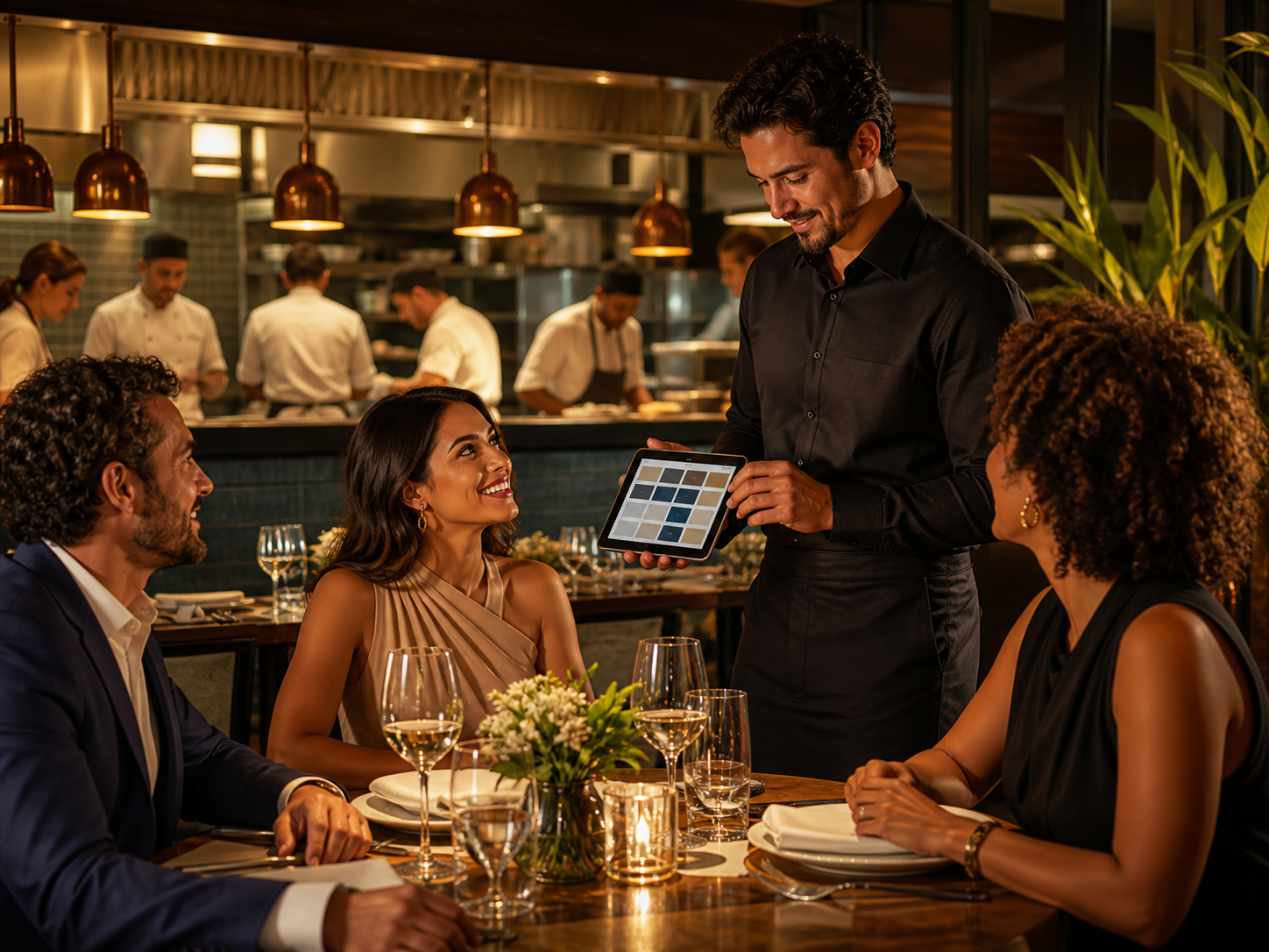 Garçom usando um tablet para registrar pedido em uma mesa de restaurante