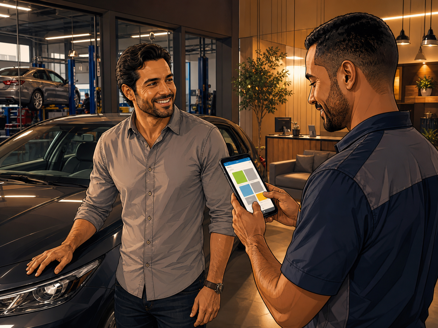 Cliente entregando o carro em uma oficina moderna enquanto o mecânico usa um aplicativo