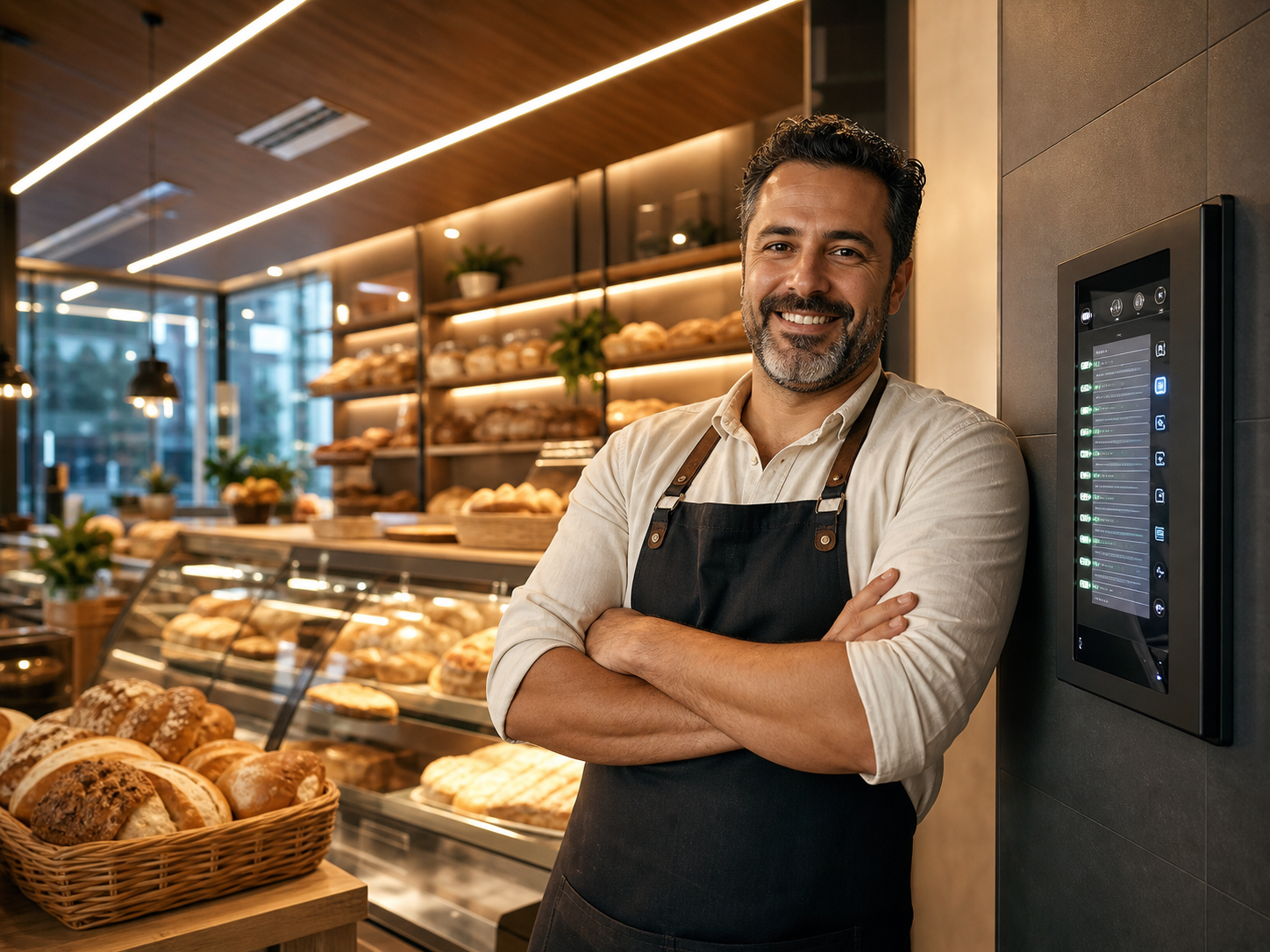 Padaria com iluminação de LED recém-instalada, padeiro sorrindo