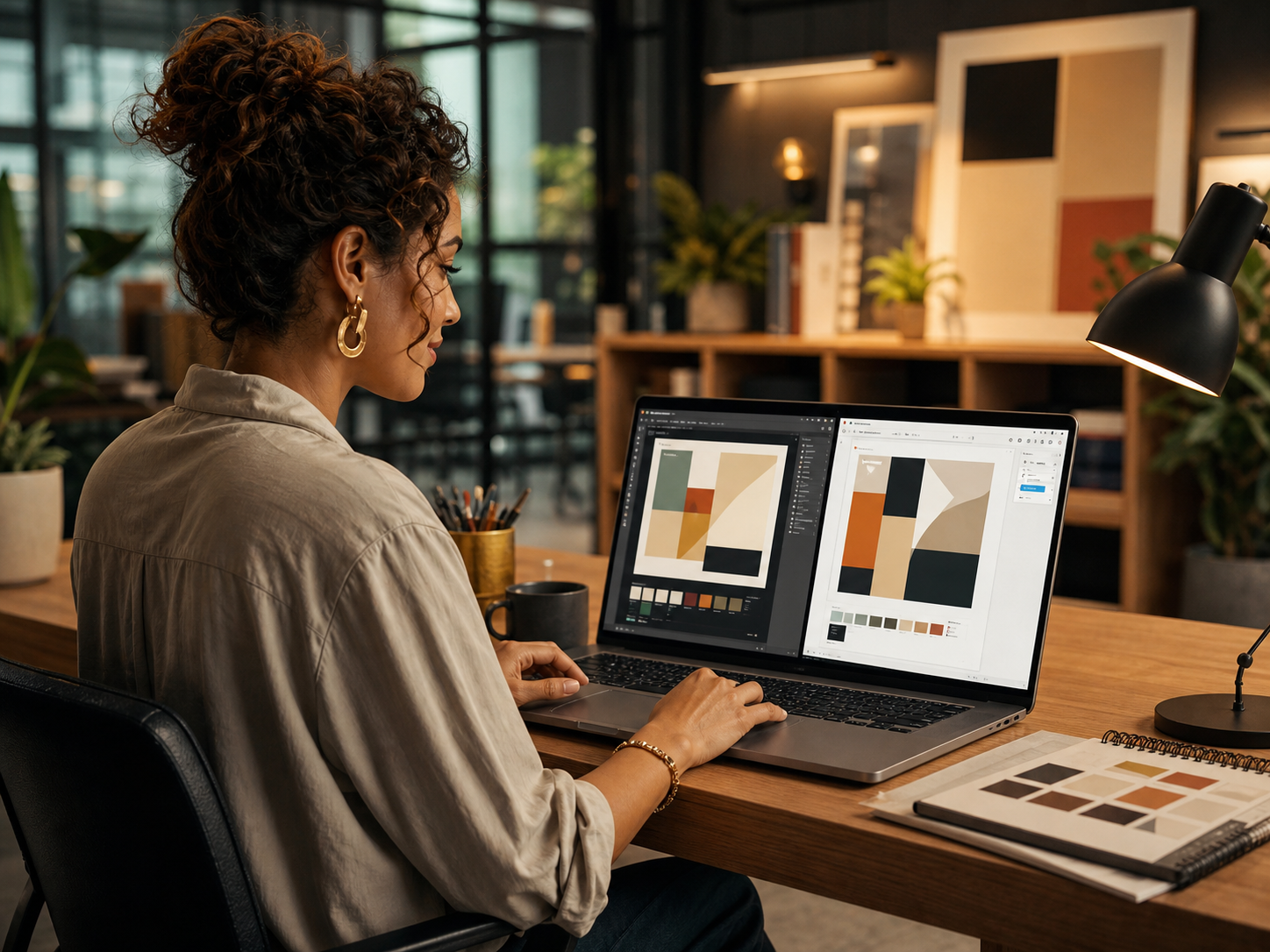 Empreendedora comparando telas de dois softwares de design no notebook