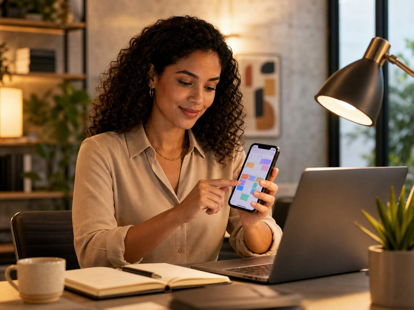 Consultora autônoma organizando a agenda em aplicativo gratuito no celular