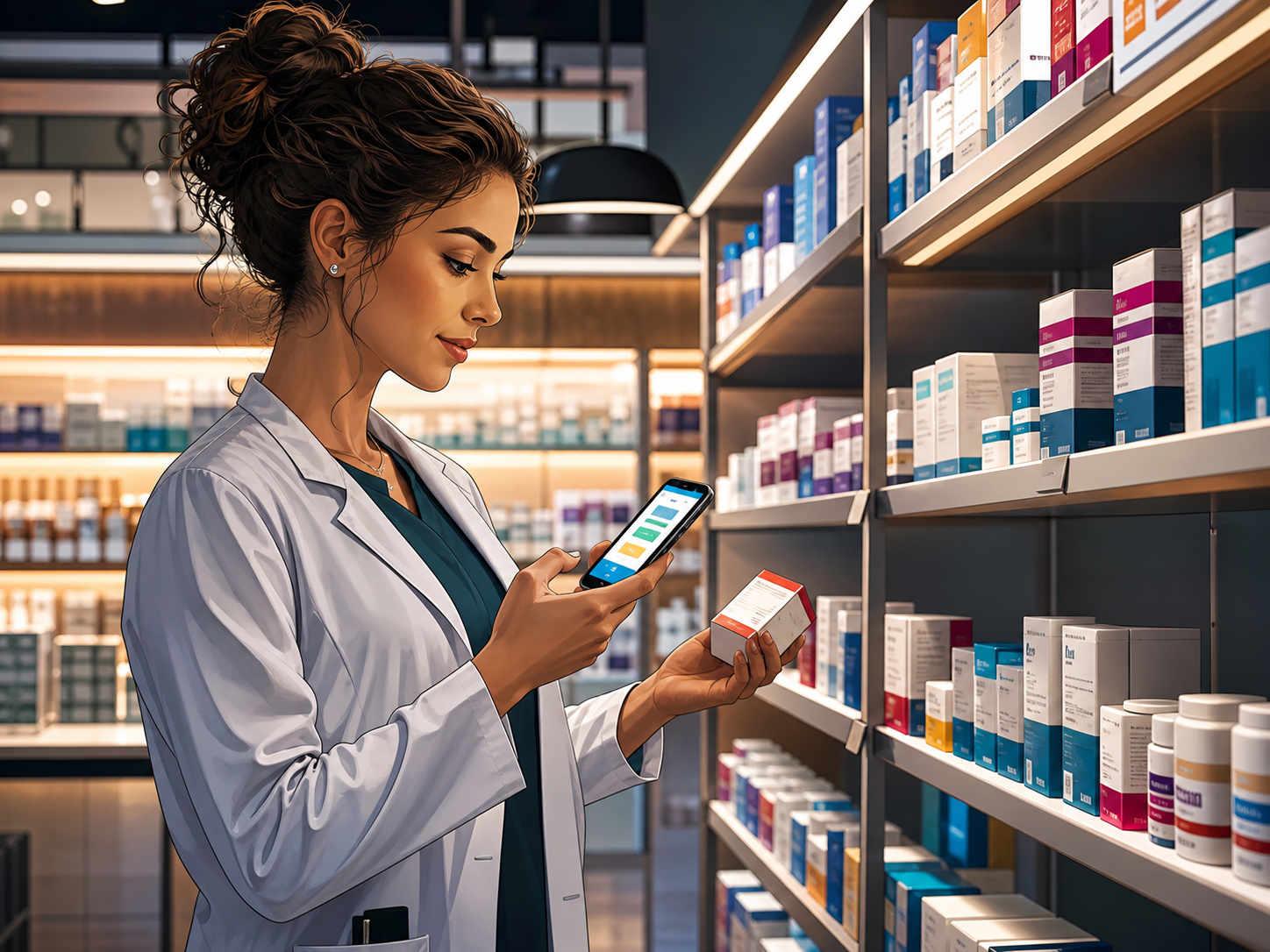 Farmacêutica usando aplicativo de celular para conferir validade de medicamentos