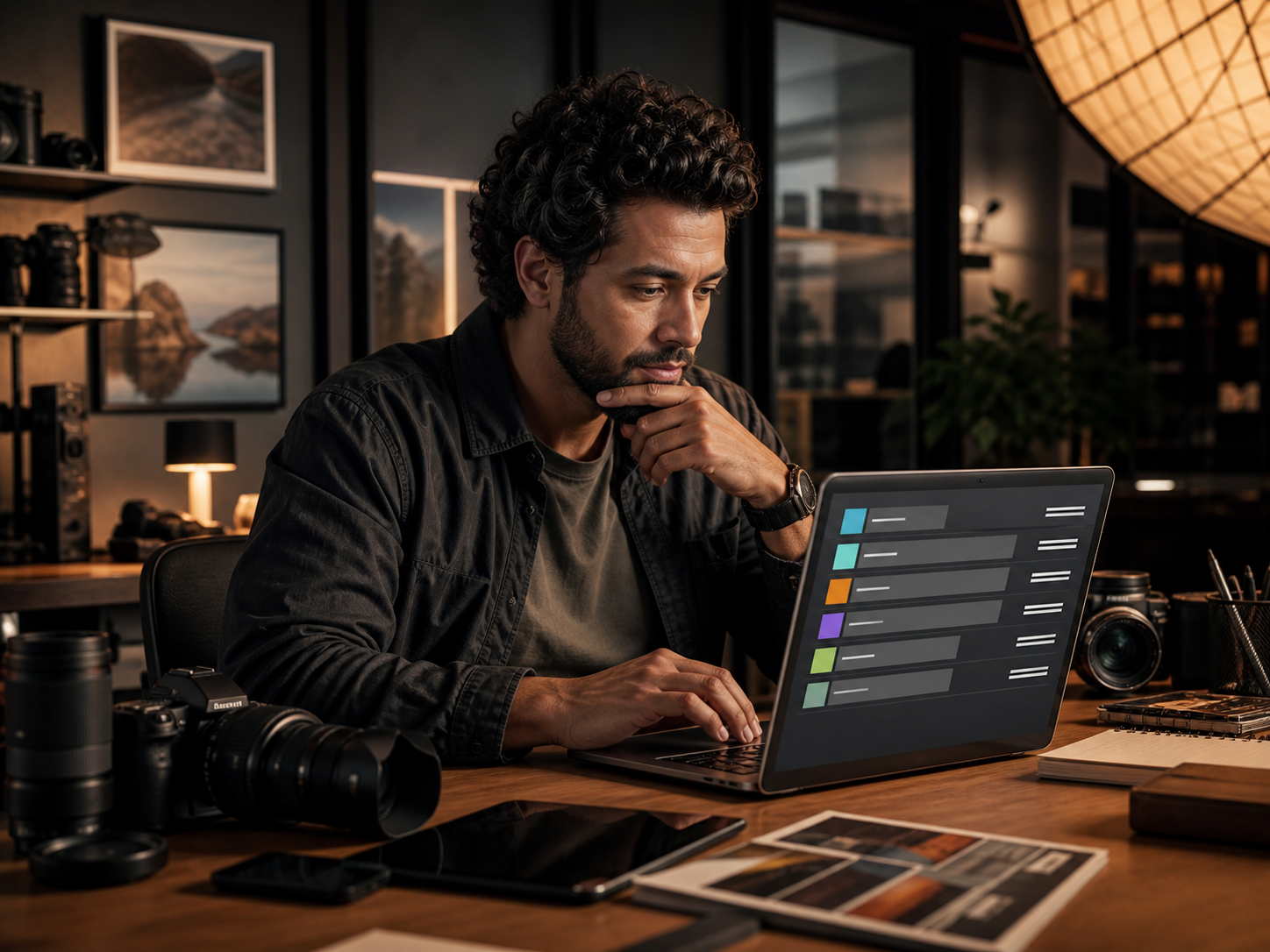 Fotógrafo autônomo revisando lista de assinaturas de software no notebook
