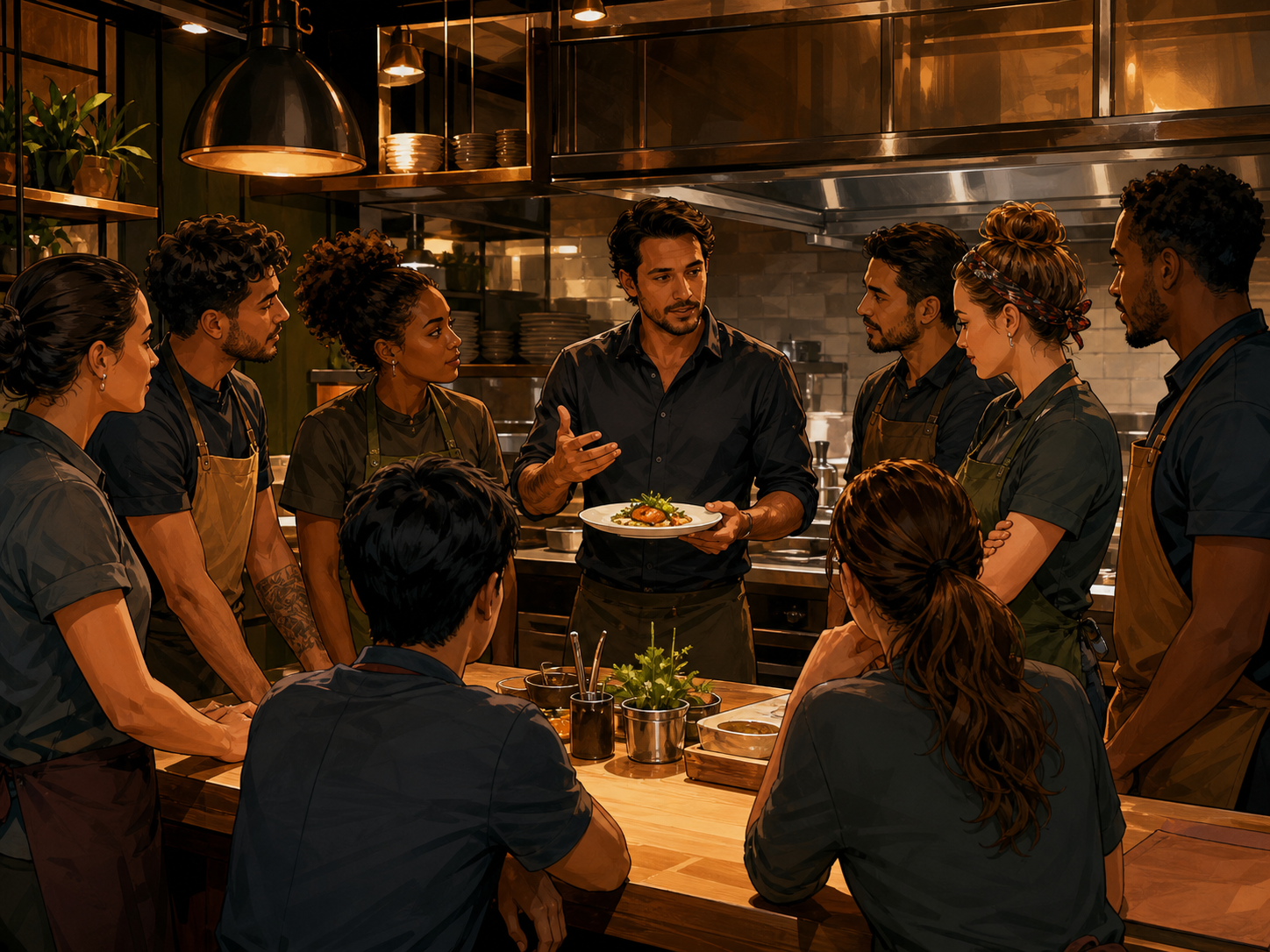 Equipe de restaurante reunida antes da abertura, gerente explicando prato novo