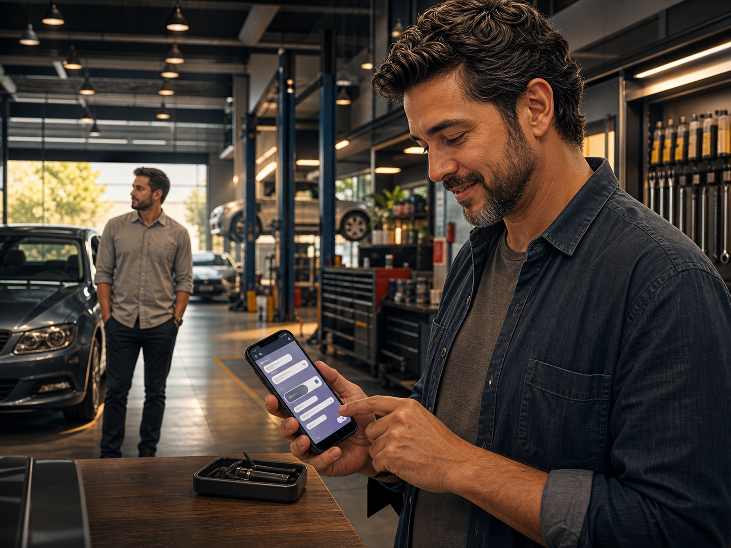 Dono de oficina configurando mensagem automática de cobrança no celular