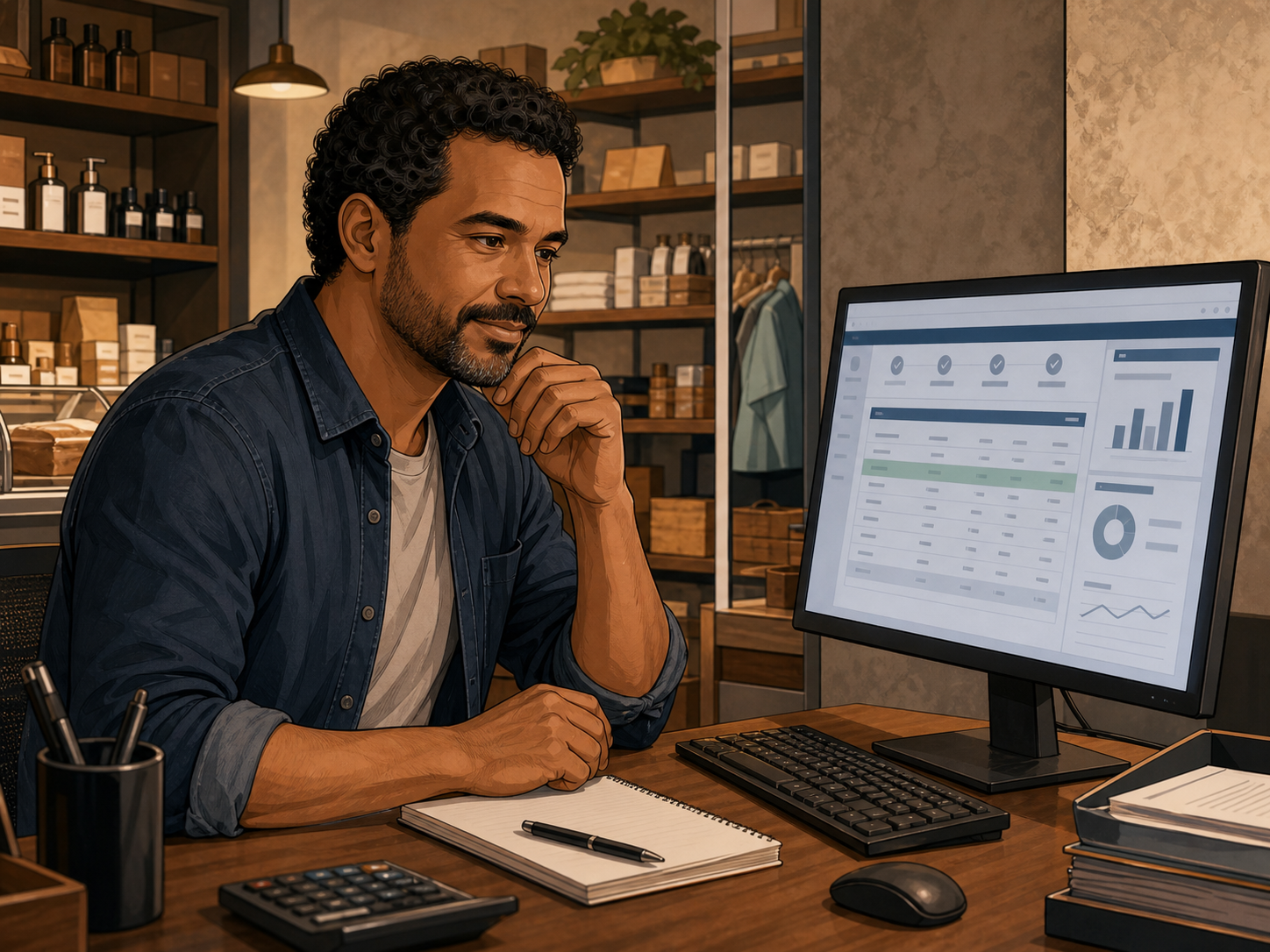 Dono de pequeno comércio conferindo conciliação bancária automática na tela do computador