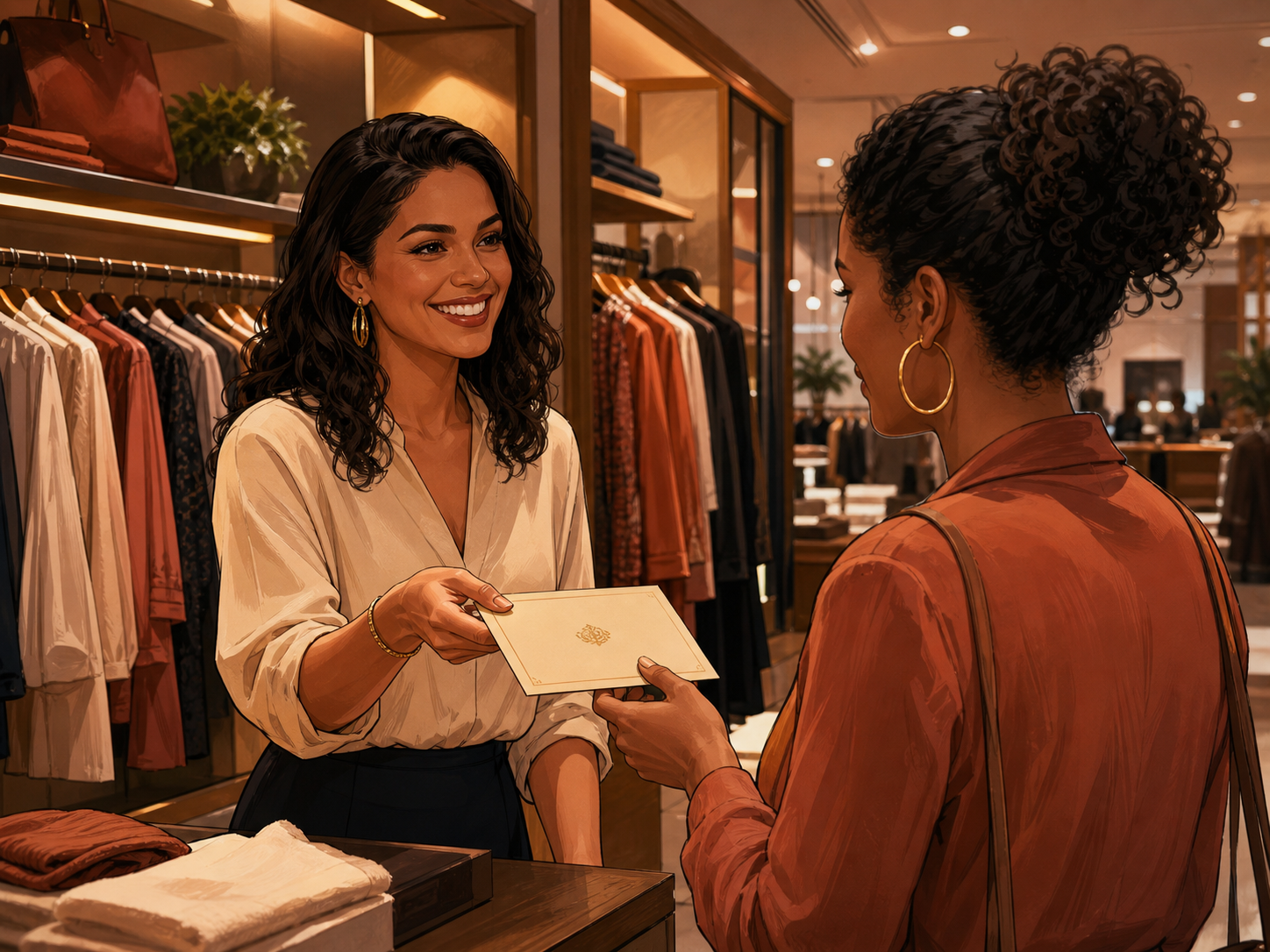 Vendedora entregando convite de pré-venda exclusiva para cliente fiel