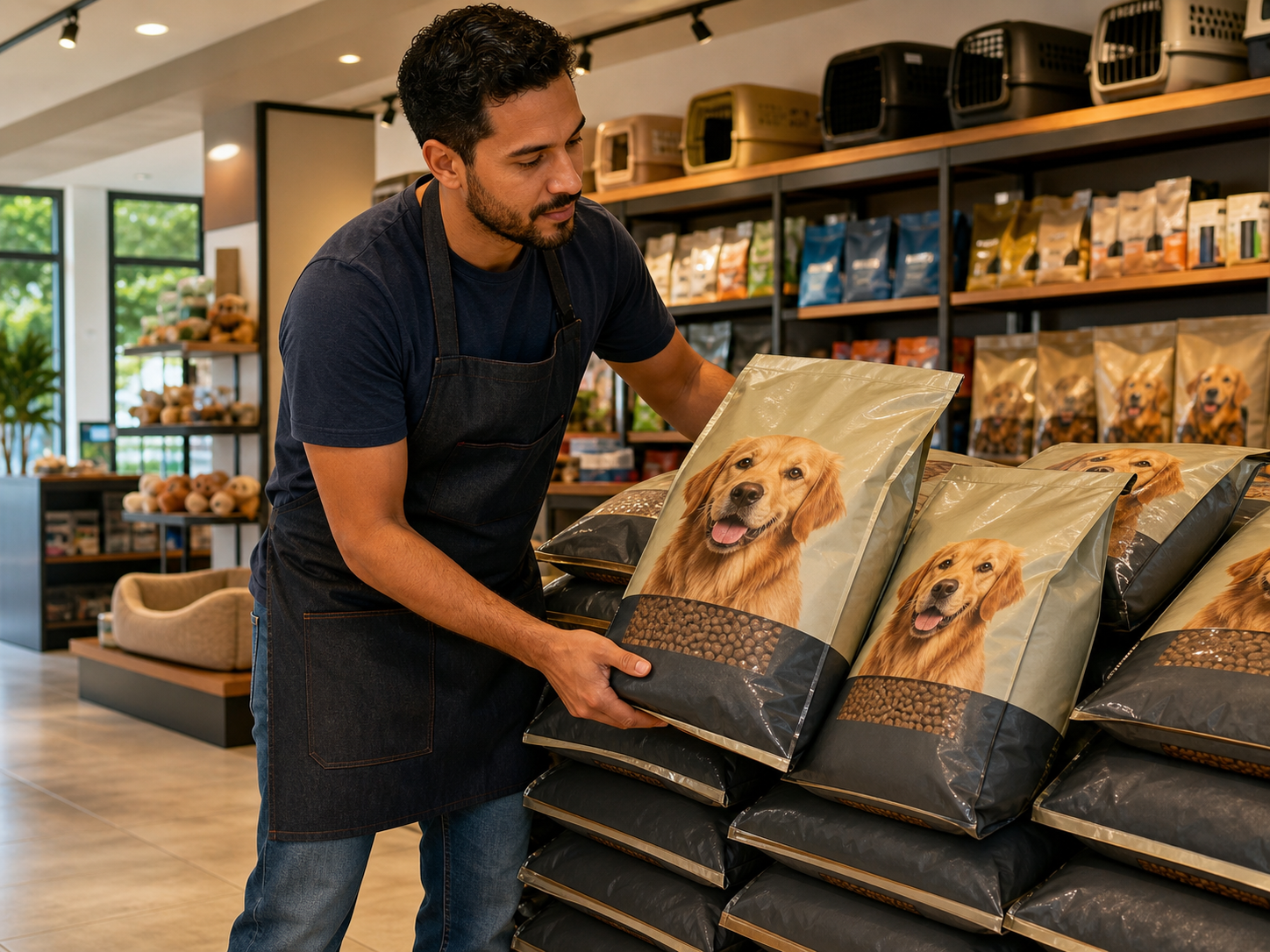 Funcionário de pet shop separando ração para cães de porte grande