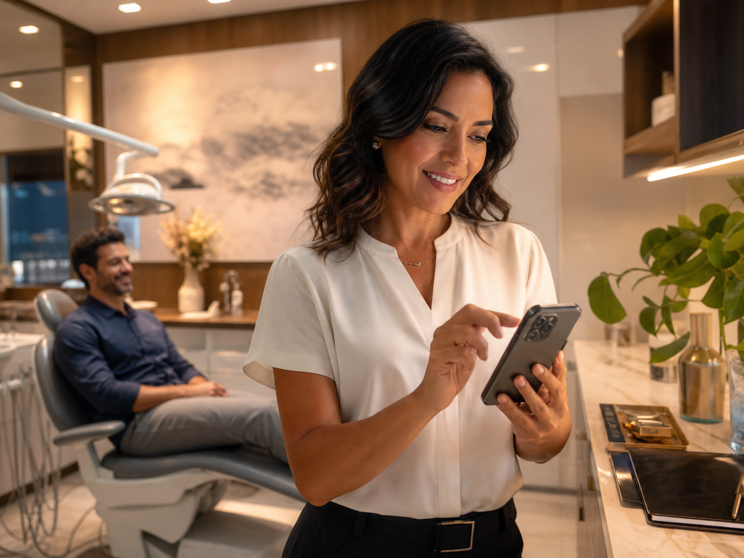Dentista enviando pesquisa de satisfação simples pelo celular a um paciente