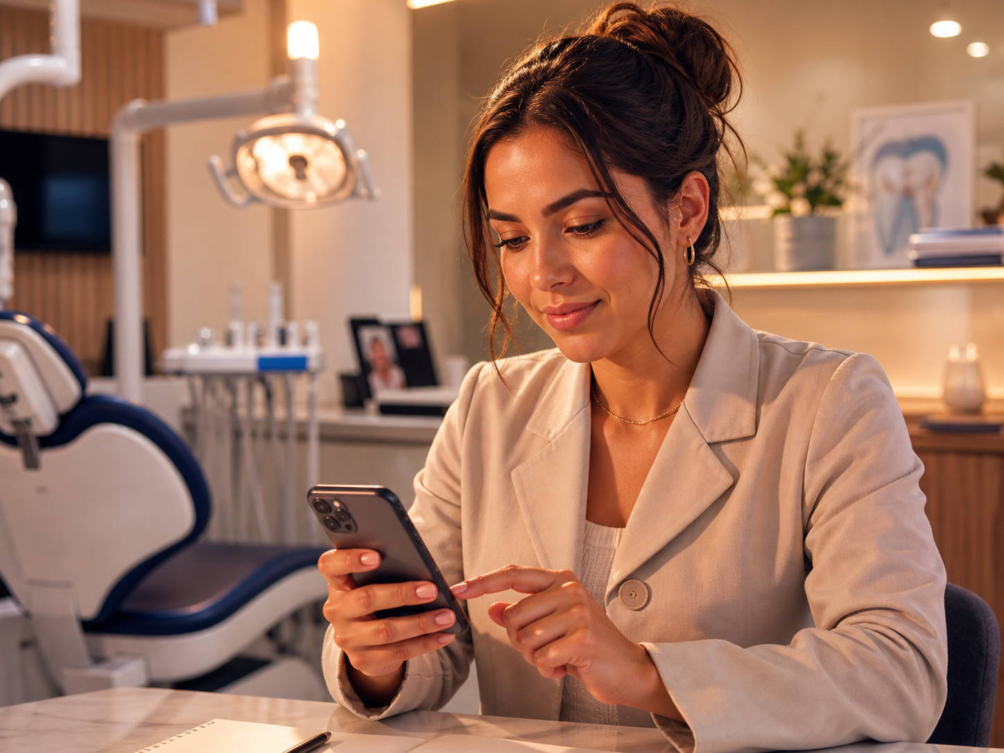 Dentista respondendo com atenção a uma avaliação online pelo celular