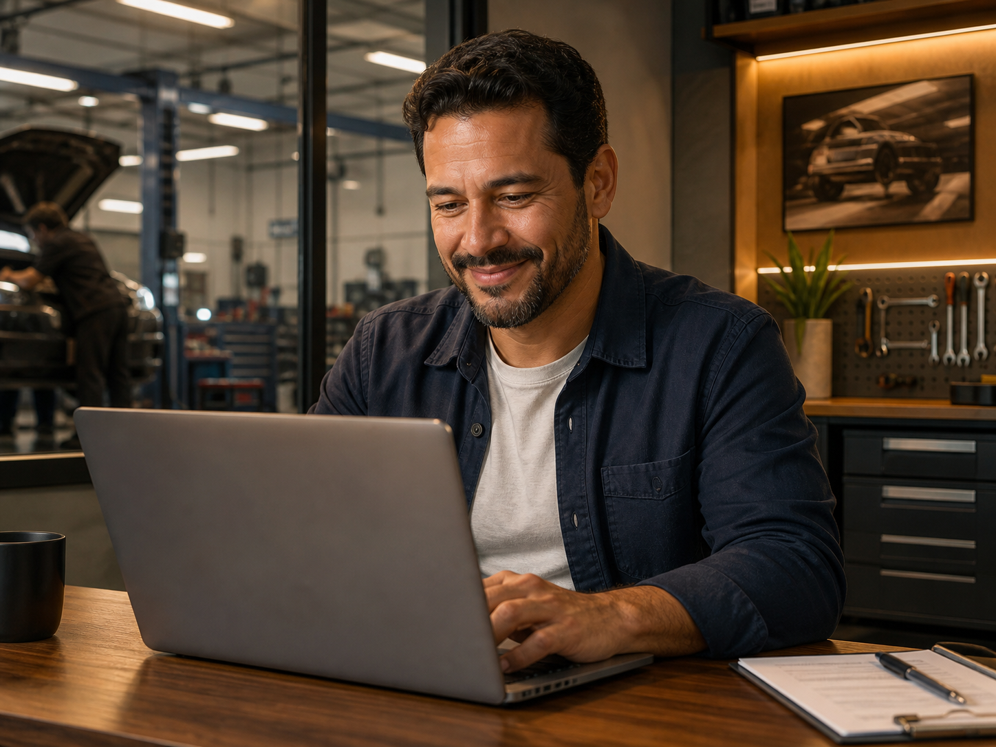 Dono de oficina respondendo avaliação no Google pelo notebook