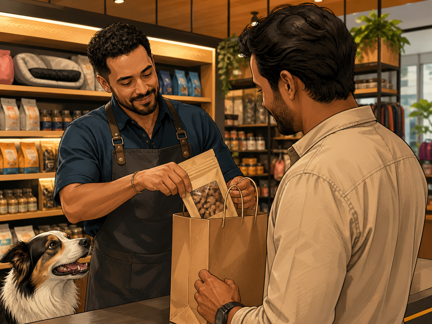 Funcionário de pet shop colocando petisco extra na sacola de compras