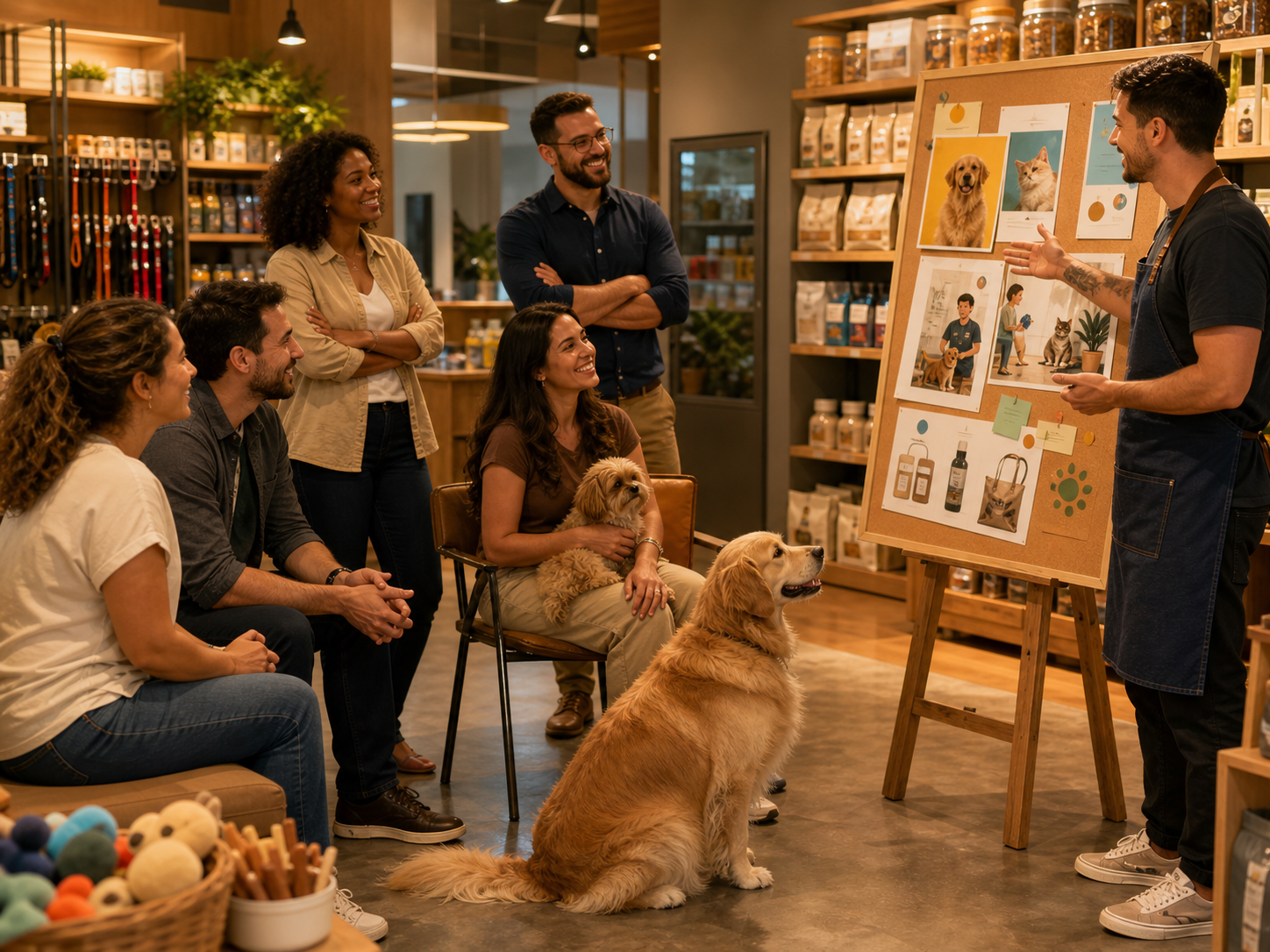 Tutores conversando em grupo dentro de um pet shop