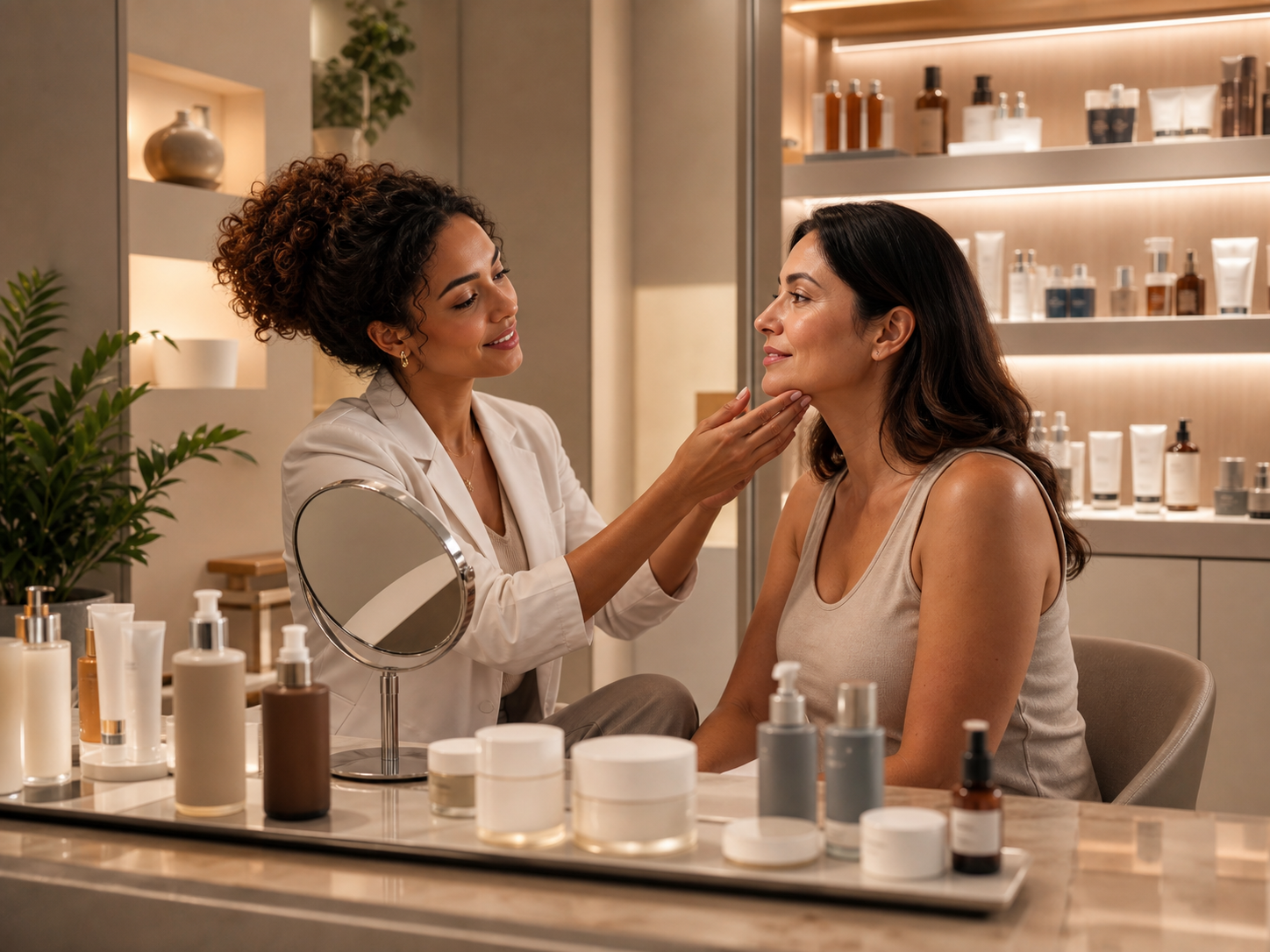 Farmacêutica fazendo avaliação de pele gratuita em cliente