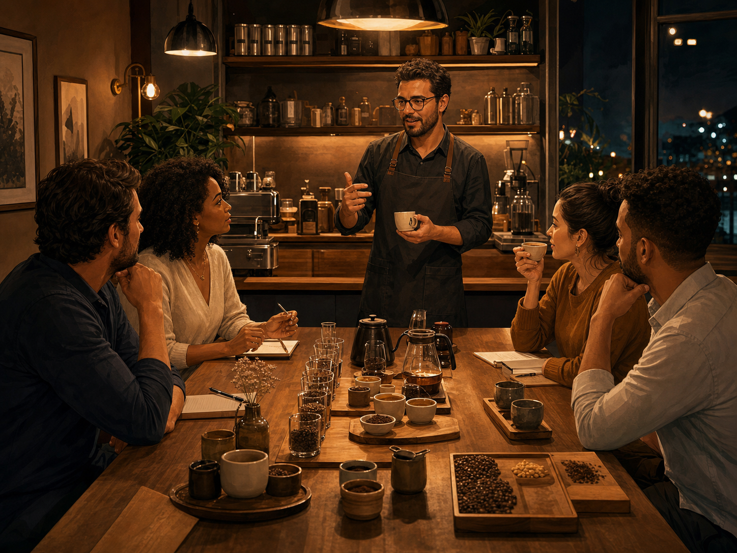 Grupo de clientes participando de workshop noturno de harmonização de café