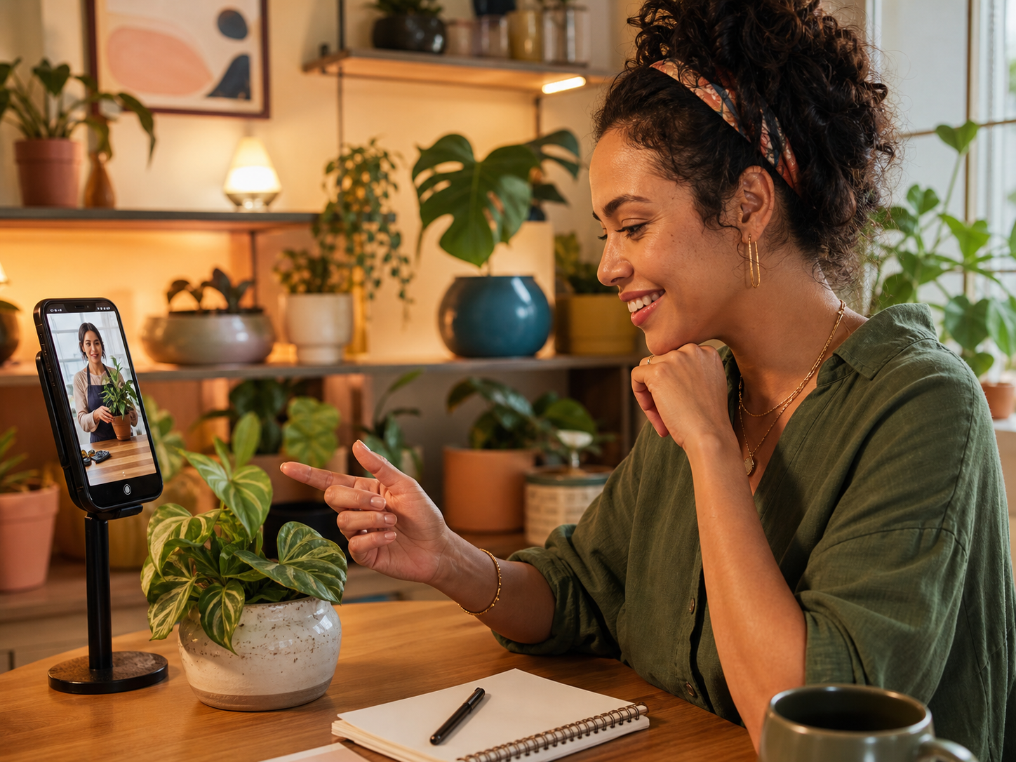 Mulher participando de live sobre cuidados com plantas pelo celular